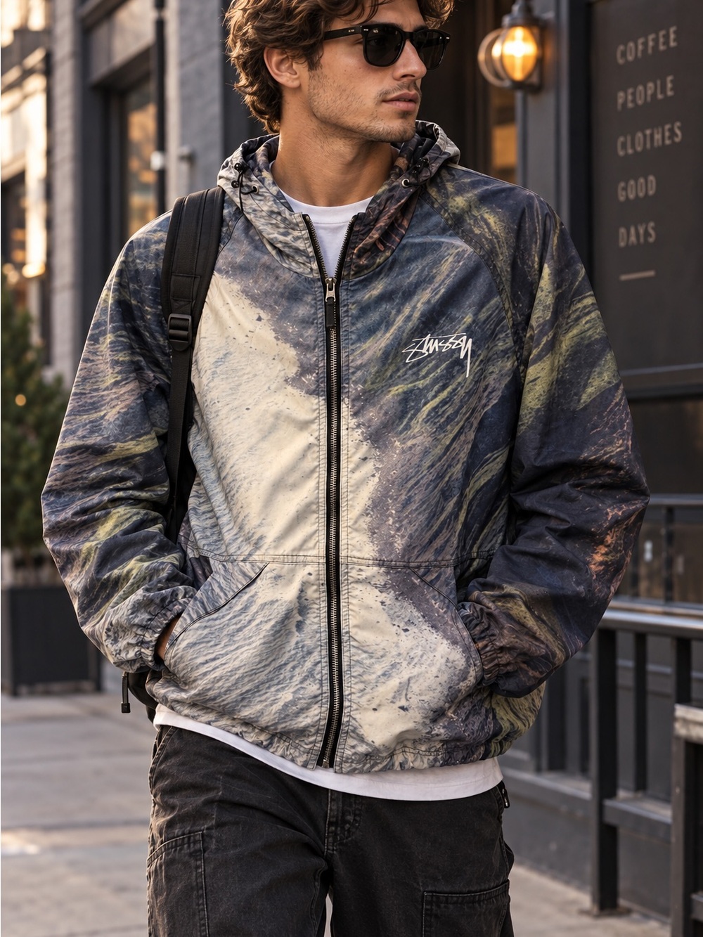 Stรผssy Abstract Print Hooded Windbreaker Jacket Y2K Streetwear